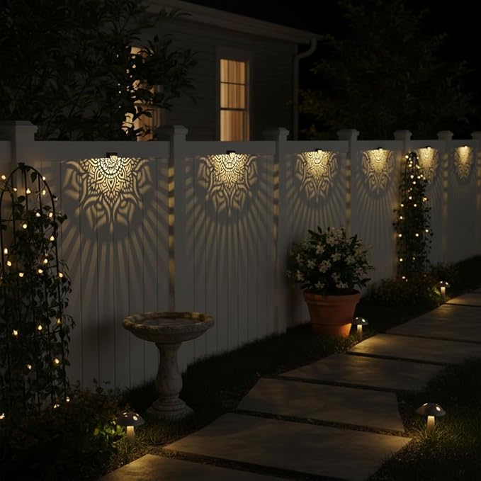 4 Pack Solar Fence Lights Outdoor Wall Lights Plastic Solar Powered Deck Step Stair Lights Mandala Theme Waterproof Fence Solar Light for Garden Post Patio Yard Decor, Gardening Gifts for Women Mom
