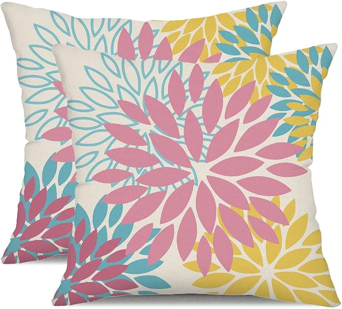 DFXSZ Outdoor Waterproof Pillow Covers 16x16 Set of 2 Pink Yellow Flower | Spring Summer Waterproof Flower Throw Pillowcases（No Inserts）Decor for Valentines Patio Funiture Garden Polyester Covers