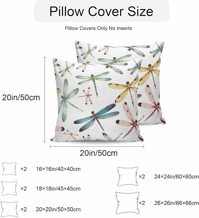 Dragonfly Outdoor Pillow Covers 26x26 Inch Throw Pillow Covers Set of 2 Waterproof Decorative Pillow Cases Watercolor Colorful Nature Painting Art Cushion Covers for Patio Furniture Garden Couch Sofa