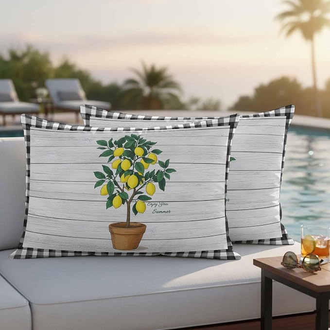 Summer Yellow Lemons Outdoor Waterproof Pillow Covers Set of 2, Green Leaf Botanical Gardens Wood Grain Plaid Pillowcase Decorative Throw Cushion Cases for Patio Garden Couch 20 x 12 Inches