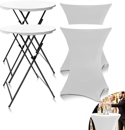 2 Sets 32in Round Folding Cocktail Tables with Spandex Stretch Table Covers for Indoor Outdoor Use Portable Ideal for Parties Events Dining and Gatherings (White Set+2cloth)