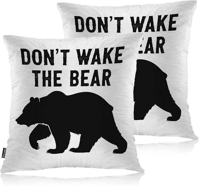 Swono Decorative Square Pillow Covers 18x18 Inch Bear, Don't Wake The Bear Quote Polyester Pillow Case Set of 2, Soft Cushion Cover Pillowcases for Home Bedroom Couch Sofa Armchair, Black Bear