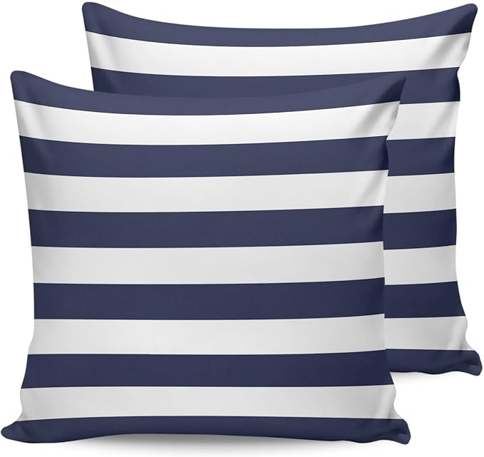Outdoor Waterproof Pillow Covers for Patio Furniture Solid Nautical Striped Decorative Throw Pillow Cover Navy Blue Pillowcases Set of 2 Cushion Case for Sofa Couch Chair Home Decor 20 x 20 Inches