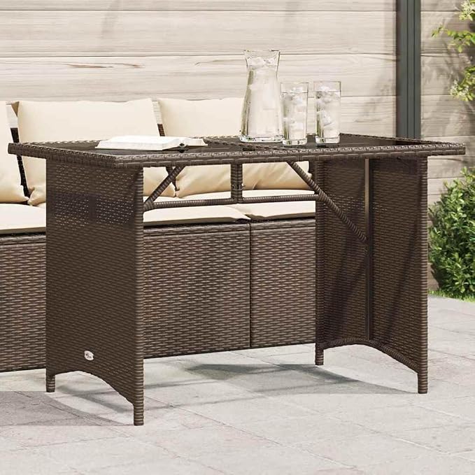 Brown PE Rattan Outdoor Table with Glass Top for Patio Dining, Small Space Outdoor Dining Table 43.3 x 26.8 in