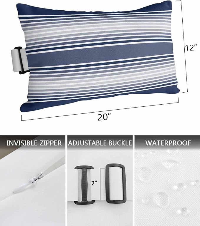 Pack of 2 Outdoor Lumbar Pillow Covers 12x20 Inch, Navy Blue Striped Waterproof Throw Pillow Covers Set, Blue Ombre Farmhouse Stripes Indoor&Outdoor Decorative Cushion Cases for Patio Porch Car