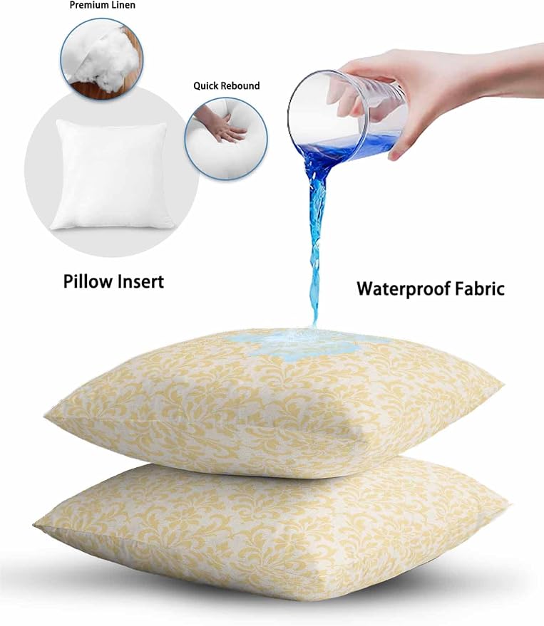 Waterproof Outdoor Pillow Set of 2 Yellow Grid Plaid Decorative Throw Pillows Cover & Insert 16x16 Inch Pillowcase Diagonally Crossed Lines Pillows for Couch Sofa Bed Patio Furniture Indoor Outdoor