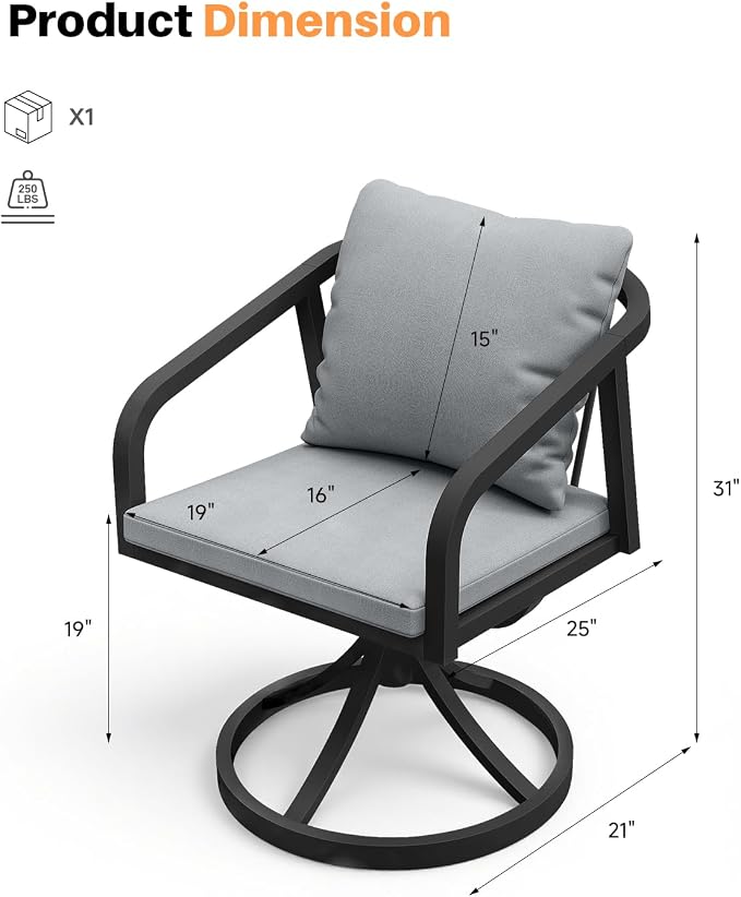 2 Pieces Swivel Patio Chairs, Never-Rust Aluminum Outdoor Dining Chairs with Removable Cushions, Ergonomic Patio Dining Chairs with Wraparound Seating Design for Poolside, Deck, Porch, Black