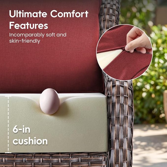 Luxury 22*24*6in Outdoor Patio Cushions, 2 Pieces Red Outdoor Cushion | 6'' Thick Outdoor Cushions, Water-Resistant, Reversible, Removable Cover, for Patio Chairs Sofa Couch Loveseat