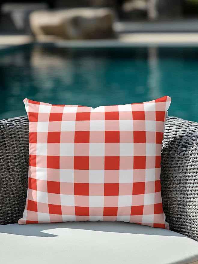 Waterproof Outdoor Pillow 1 Pack Red Buffalo Plaid Decorative Throw Pillows Cover & Insert 18x18 Inch Pillowcase Check Lines Square Pillows for Couch Sofa Bed Patio Furniture Indoor Outdoor