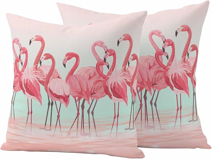 Outdoor Pillow Covers,Flamingo Bird on Gradient Background Decorative Throw Pillow Cover Waterproof Pillowcase Set of 2,Linen Cushion Case for Sofa Couch Bed 16x16 Inch,Tropical Pink Animals