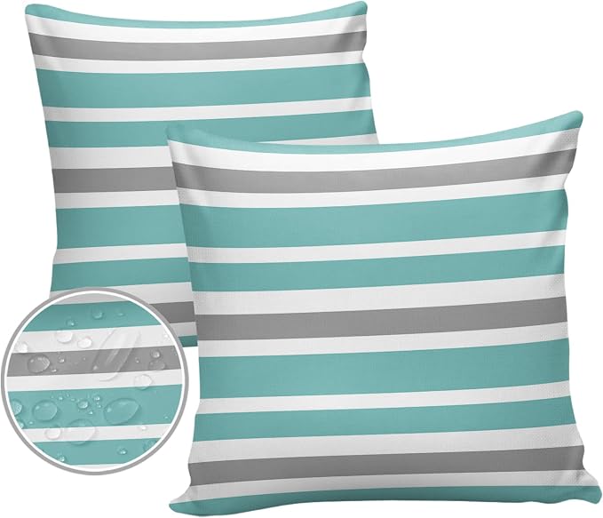 Outdoor Waterproof Throw Pillow Covers Set of 2 Grey Teal Stripes Decorative Outdoor Pillows Cushion Case 20x20 Inch Classic Striped Patio Pillows for Couch Sofa Bed Garden Office Home Decor