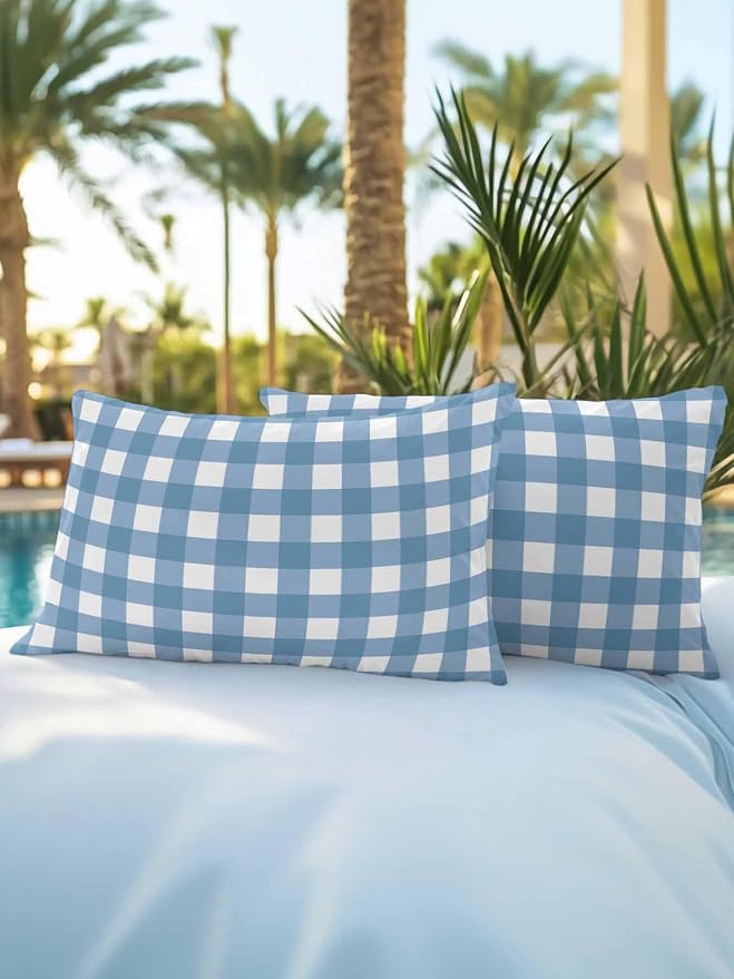 Waterproof Outdoor Pillow Set of 2 Buffalo Plaid Decorative Throw Pillows Cover & Insert 20x12 Inch Lumbar Pillowcase Blue Check Lines Pillows for Couch Sofa Bed Patio Furniture Indoor Outdoor