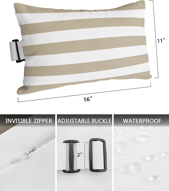 T&H XHome Outdoor Pillow for Chaise Lounge Chair, Khaki and White Stripe Waterproof Headrest Pillow Lumbar Pillows with Adjustable Elastic Strap for Beach, Poolside, Patio, Office (2 Pack)