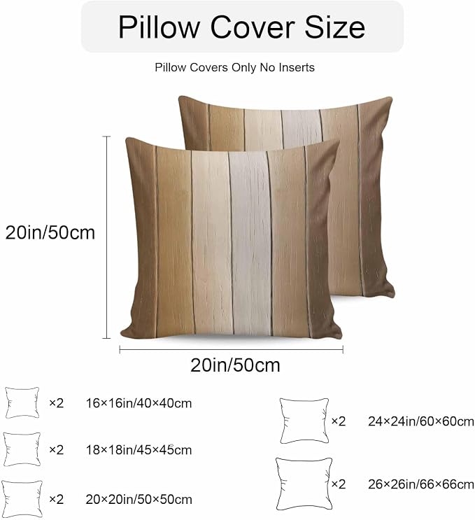 Throw Pillow Covers 18x18 Inch Set of 2, Brown Ombre Waterproof Outdoor Cushion Covers, Vintage Country Wooden Decorative Pillowcases for Couch, Sofa, Bed, Garden, Patio