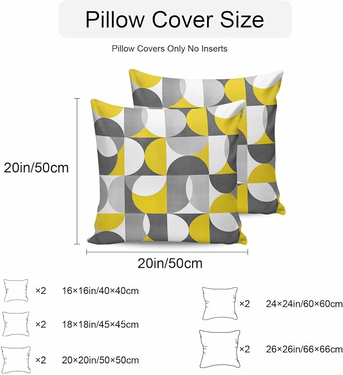 Vandarllin Outdoor Throw Pillows Covers 24x24 inch Set of 2 Waterproof Mid Century Geometric Decorative Zippered Cushion Covers for Patio Furniture, Abstract Modern Yellow Gray Lumbar Pillowcases