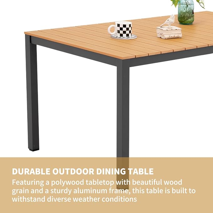 Outdoor Dining Table for 4-6 People Weather-Resistant Rectangle Patio Dining Table with Aluminum Frame for Garden Backyard Porch, Grey