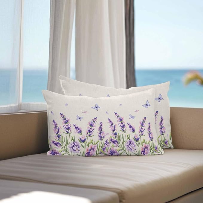 Vandarllin Outdoor Throw Pillows Covers 20x12 inch Set of 2 Waterproof Purple Lavender Flower Decorative Zippered Cushion Covers for Patio Furniture, Butterfly Floral Linen Lumbar Pillowcases