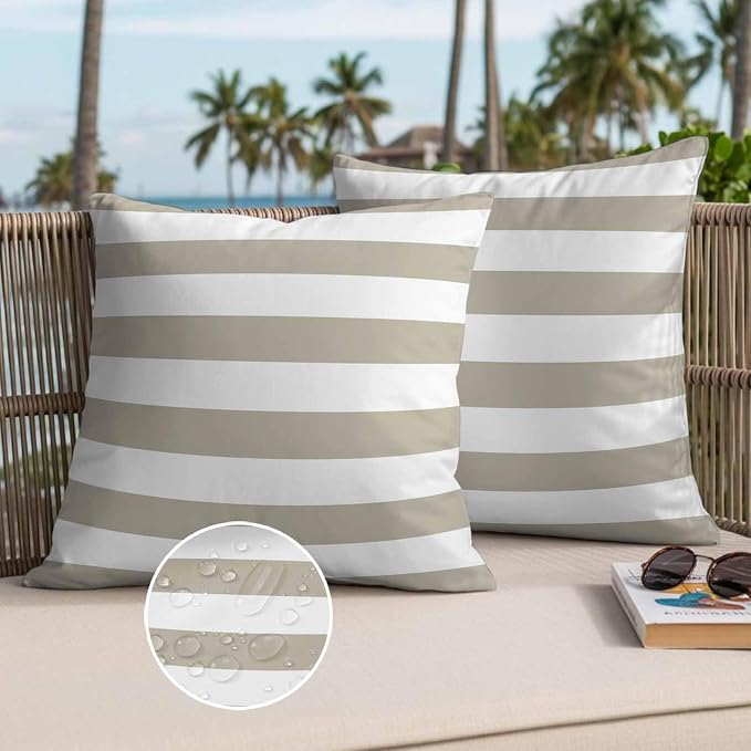 Tan and White Stripe Outdoor Waterproof Throw Pillow Covers Set of 2, 20"x20", Brown Stripes Simple Decorative Pillow Covers Outside Cushion Case for Patio Porch Garden