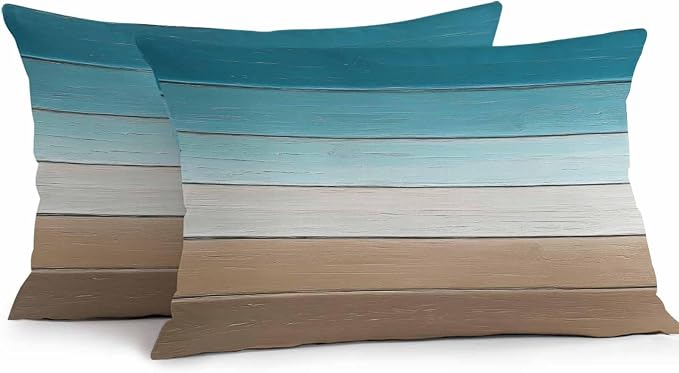 Turquoise Brown Outdoor Pillow Covers 20x12 Inch Lumbar Pillow Covers Set of 2 Waterproof Decorative Throw Pillow Cases Farmhouse Retro Wooden Grain Striped Cushion Covers for Patio Furniture Garden