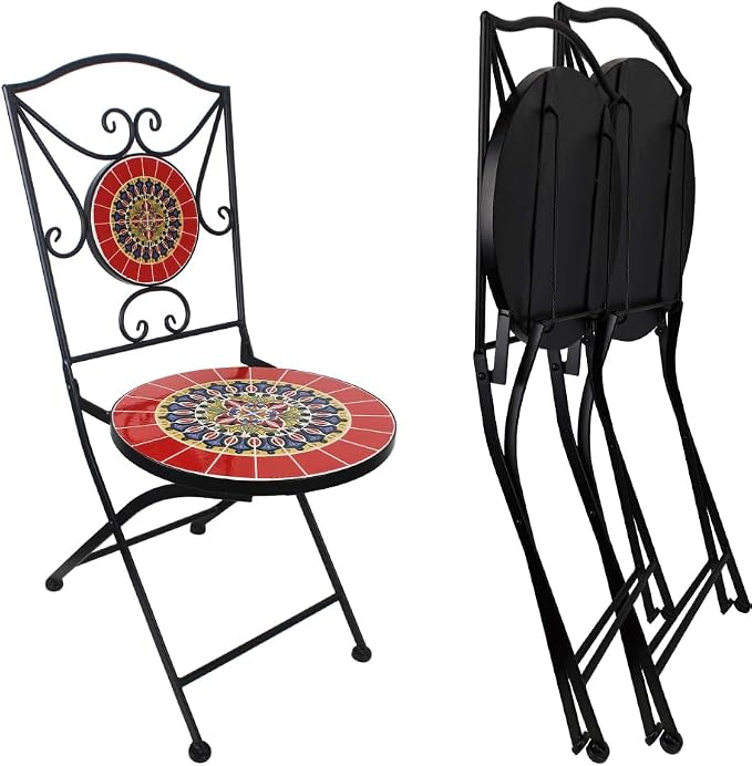 Folding Patio Chairs Set of 2 Mosaic Bistro Chair Outdoor Seating | Garden Patio Furniture Seating Heavy Duty Metal Frame Dining Chairs for Lawn Yard Balcony Porch Backyard Poolside