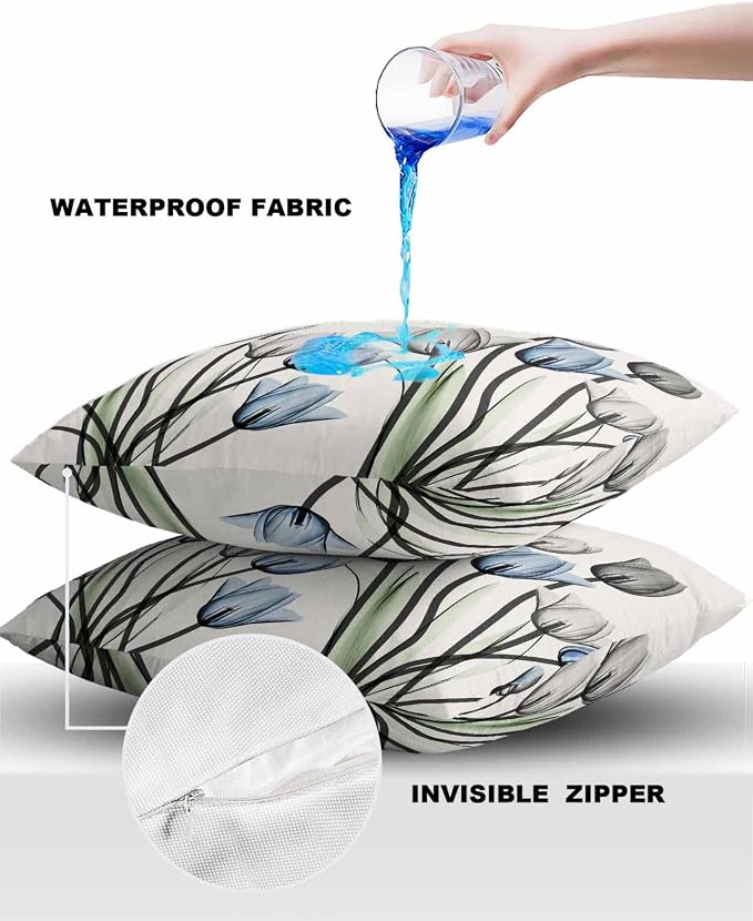 Vandarllin Outdoor Throw Pillows Covers 16X16 Set of 2 Waterproof Gray Blue Tulip Decorative Zippered Lumbar Cushion Covers for Patio Furniture, Spring Summer Flowers Floral