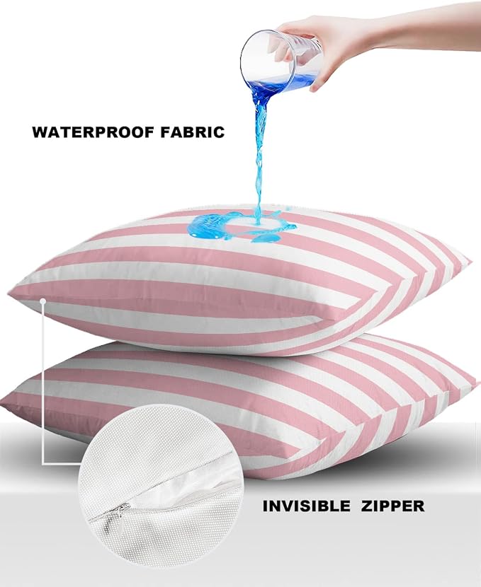 Outdoor Waterproof Pillow Covers for Patio Furniture Pink and White Stripes Decorative Throw Pillow Cover Solid Striped Pillowcases Set of 2 Cushion Case for Sofa Couch Chair 18 x 18 in