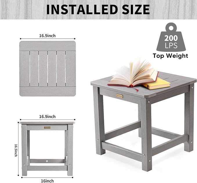 Outdoor Side Table Set of 2, HIPS Plastic Composite Adirondack Patio Table, Weather Resistant End Tables for Outside, Indoor, Patio, Garden, Pool, Porch, Backyard, Lawn, Deck - Grey