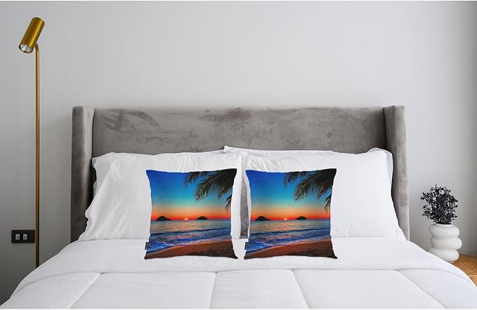 Swono Ocean Beach Set of 2 Throw Pillow Covers Hawaii Ocean Sea Palm Tree Sunset 18x18 Inches Pillow Cases Standard Cushion Cover Square Pillowcases for Men Women Decorative Home Bed Sofa