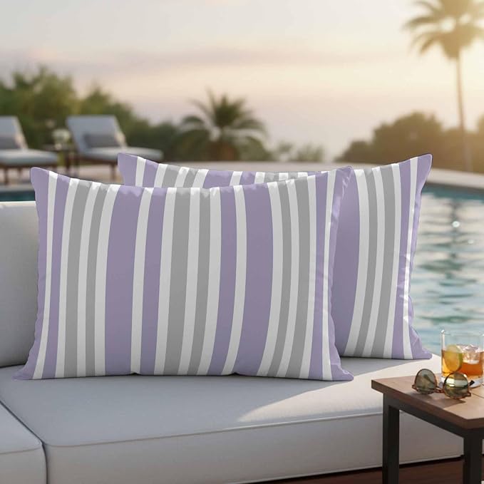 Light Purple Grey Stripe Outdoor Pillow Covers 20x12 Inch Lumbar Pillow Covers Set of 2 Waterproof Decorative Throw Pillow Cases Farmhouse Minimalist Striped Cushion Covers for Patio Furniture Garden