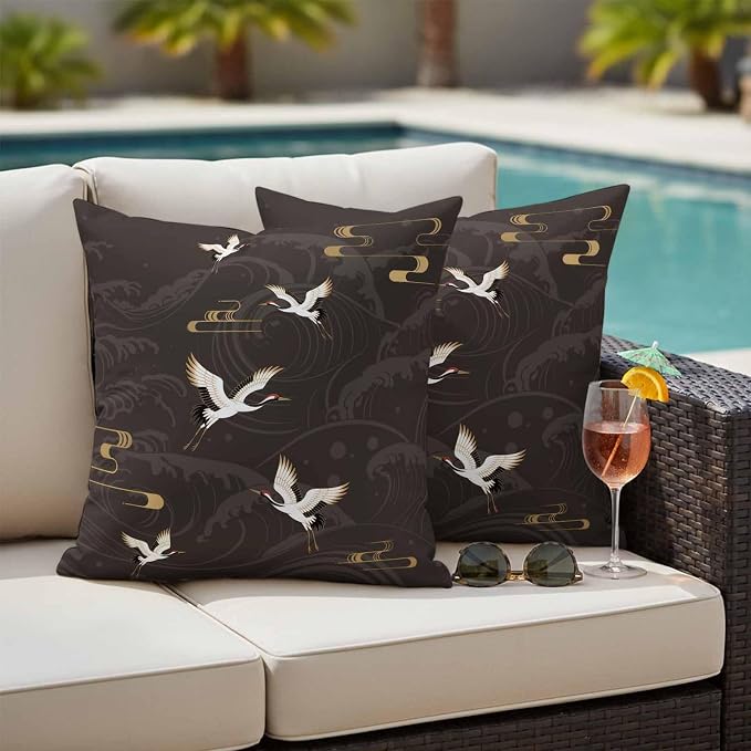 Japanese Style Outdoor Pillow Covers 26x26 Inch Throw Pillow Covers Set of 2 Waterproof Decorative Pillow Cases Vintage Cranes Ocean Wave Black Grey Cushion Covers for Patio Furniture Garden Couch