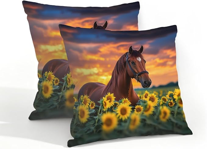18x18 Inch Outdoor Pillow Covers Set of 2 Waterproof Throw Pillow Covers Decorative Couch Cushion Covers Brown Horse Sunflower Square Pillowcases Protectors for Patio Garden Sofa