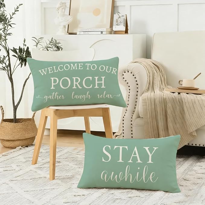 RABUSOFA Welcome to Our Porch Decor Outdoor Pillow Covers Waterproof,12x20 Set of 2 Eucalyptus Green Stay Awhile Relax Lumbar Cushion Case Decorations for Patio Couch (Green)