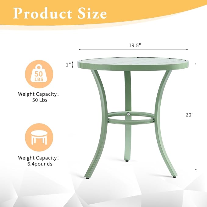 VINGLI Outdoor Side Table, Small Metal Patio End Table, Outdoor Round Table for Patio, Pool, Porch (Green)