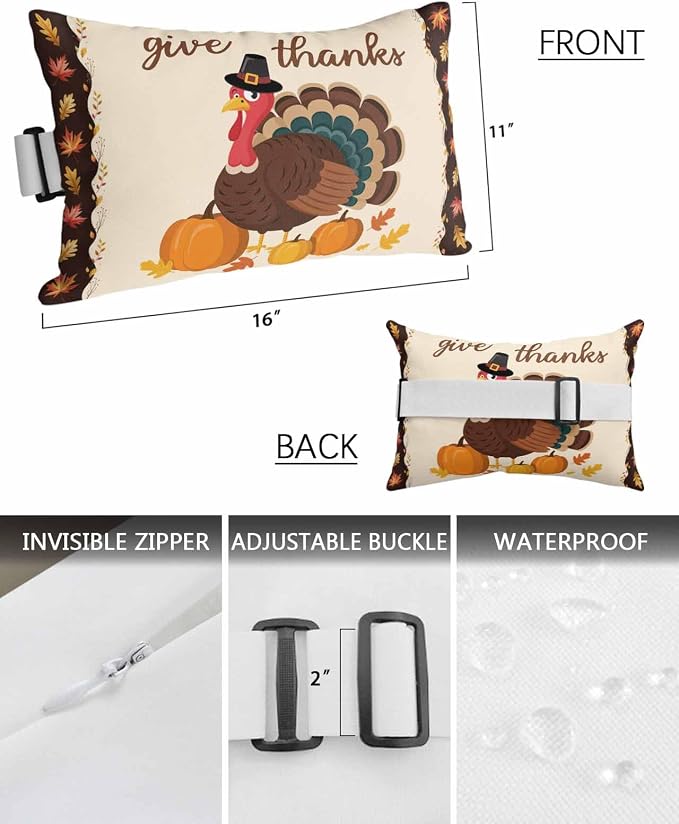 Outdoor Pillows Covers with Inserts Give Thanks Pumpkin Turkey Maple Leaf Border Waterproof Recliner Pillow with Adjustable Strap Throw Pillows for Patio Furniture Pool Lounge Chair, 11x16 inch, 1PCS