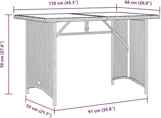 Brown PE Rattan Outdoor Table with Glass Top for Patio Dining, Small Space Outdoor Dining Table 43.3 x 26.8 in