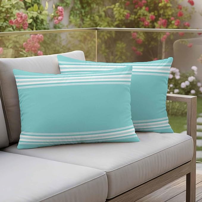 Outdoor Pillow Covers 12x20 Set of 2 Teal Stripes Outdoor Pillows Waterproof Throw Pillow Covers French Stripe Farmhouse Style Pillowcases Decorative Case for Patio Cushion