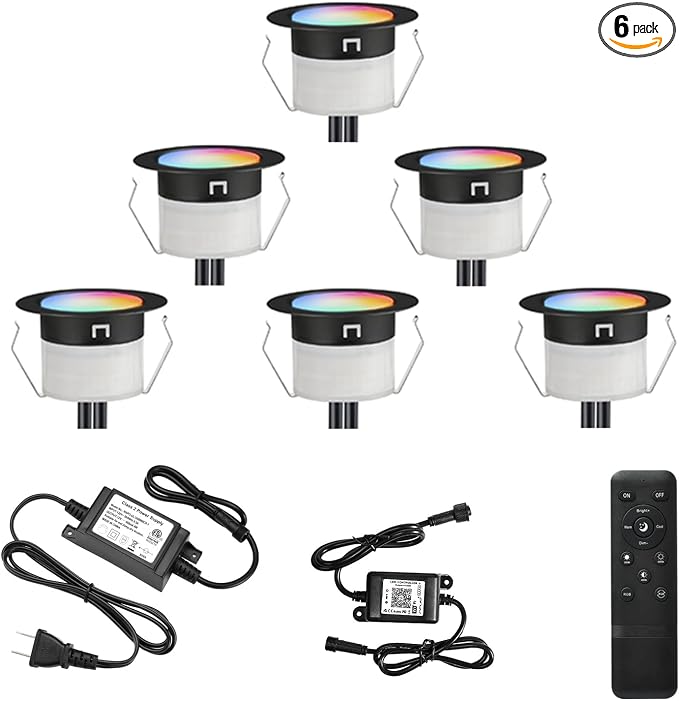 LED Deck Lights Kit, 6pcs Φ1.22 WiFi Smart Phone Control Low Voltage Recessed RGBW Deck Lighting Waterproof Outdoor Yard Path Stair Decor, Black