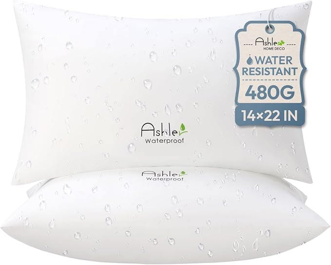 Outdoor Pillows 14 X 22 Pillow Inserts Pack of 2, Water-Resistant Decorative Premium Lumbar Pillow Stuffer Sham Waterproof Pillow for Sofa Couch, Porch Patio Living Room Bedroom Furniture