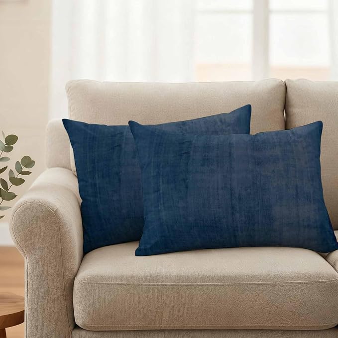 Vandarllin Outdoor Throw Pillows Covers 20x12 inch Set of 2 Waterproof Navy Blue Linen Decorative Zippered Cushion Covers for Patio Furniture, Solid Color Texture Lumbar Pillowcases