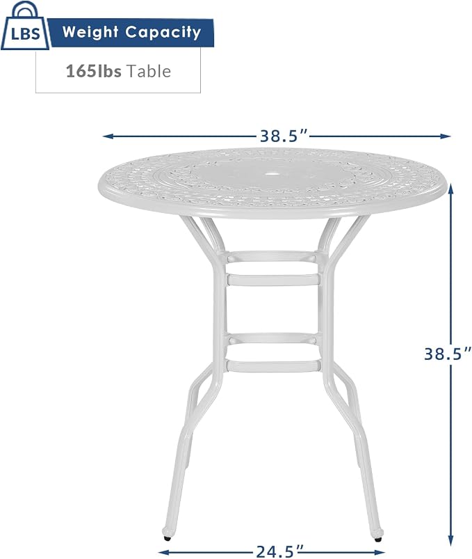 Outdoor Cast Aluminum Bar Table, 38.5" Patio Bar Height Table with 2" Umbrella Hole, All Weather High Top Bistro Round Dining Table for Outside Deck Porch Balcony Poolside, White