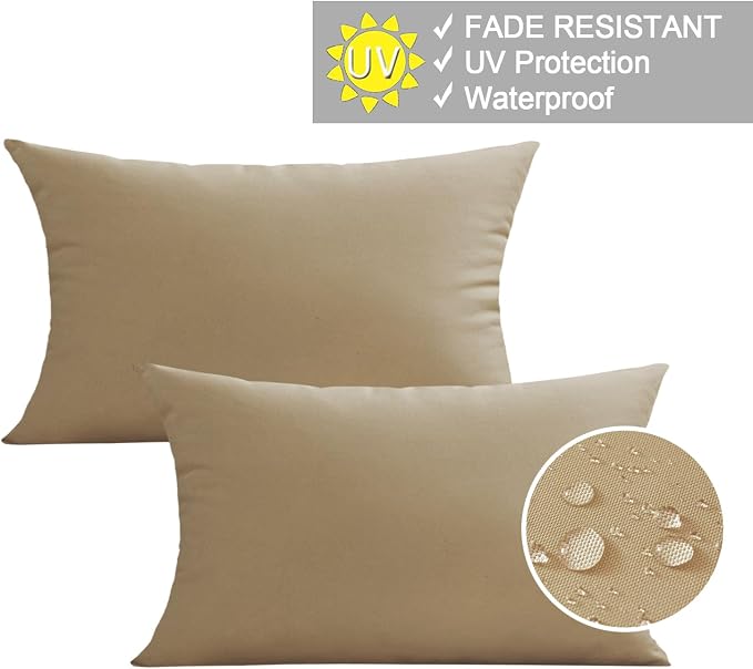 VAKADO 12x20 Outdoor Waterproof Throw Pillow Covers Set of 2 Decorative Outside Patio Furniture Cushion Cases Decor for Garden Bench Porch Couch Tent,Taupe