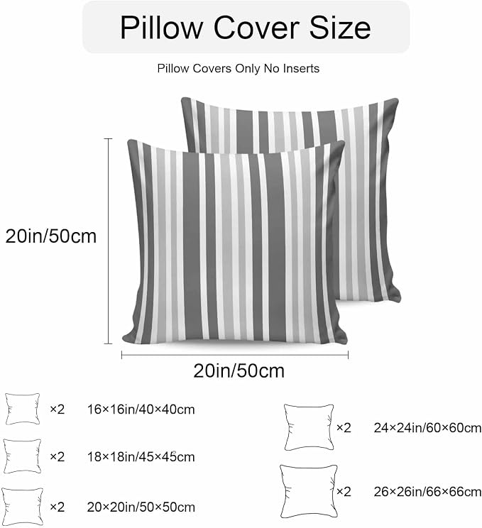 Grey Stripe Outdoor Pillow Covers 26x26 Inch Throw Pillow Covers Set of 2 Waterproof Decorative Pillow Cases Farmhouse Minimalist Striped Cushion Covers for Patio Furniture Garden Couch Sofa