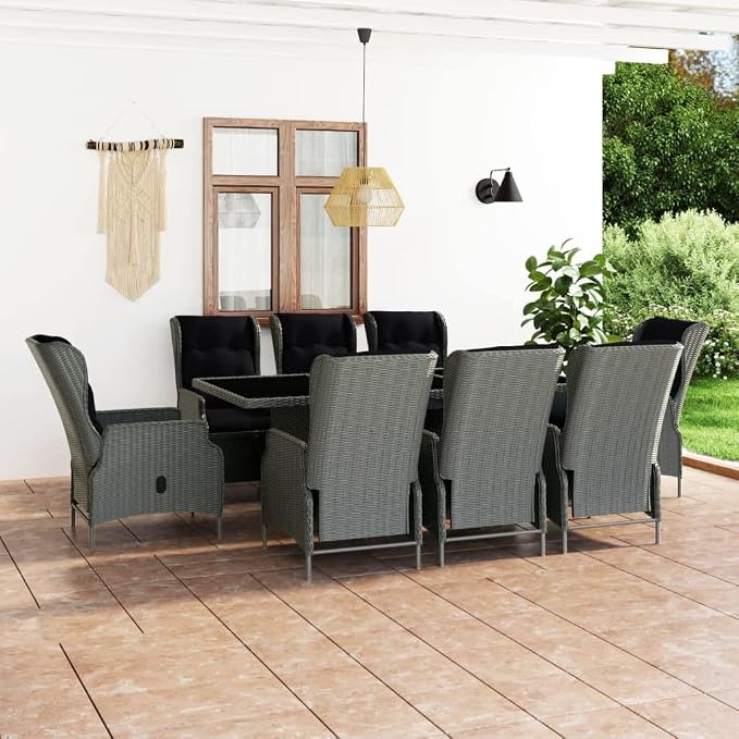 9 Piece Patio Dining Set Light Gray Poly Rattan | Adjustable Backrest Armchairs, Powder-Coated Steel Frame, Glass Tabletop, Removable Cushion Covers