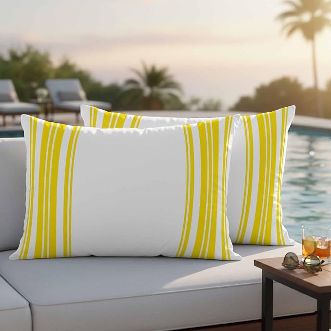 Outdoor Waterproof Throw Pillow Covers Set of 2 Yellow Stripes Lumbar Pillowcases 20x12 Inches White Vertical Striped Decorative Pillows Cushion Case Patio Pillows for Couch Bed Chair Garden