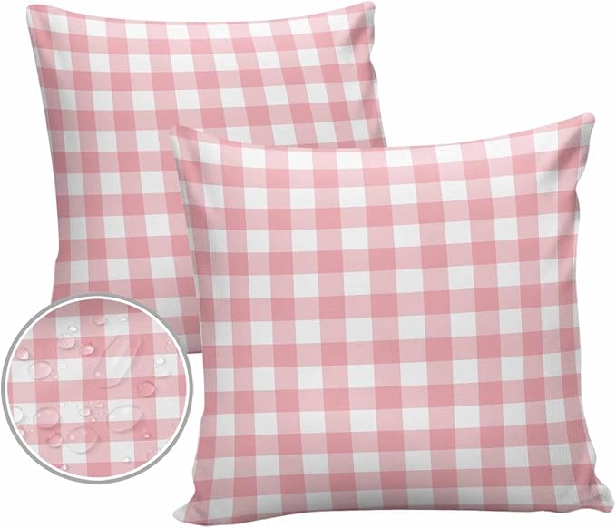 Outdoor Waterproof Throw Pillow Covers Set of 2 Romantic Love Pillowcases 20x20 Inches Pink Buffalo Check Plaid Patio Decorative Pillows Cushion Case Patio Pillows for Couch Bed Chair Garden