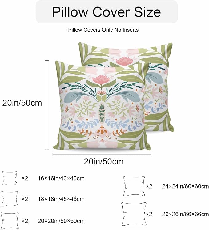 Outdoor Pillow Covers Waterproof, Green Blue Pink Floral All Weather Cushion Case Set of 2, Rustic Ethnic Boho Flowers Botanical Decorative Pillowcases for Sofa Couch Bed Decor Patio Furniture 26"x26"