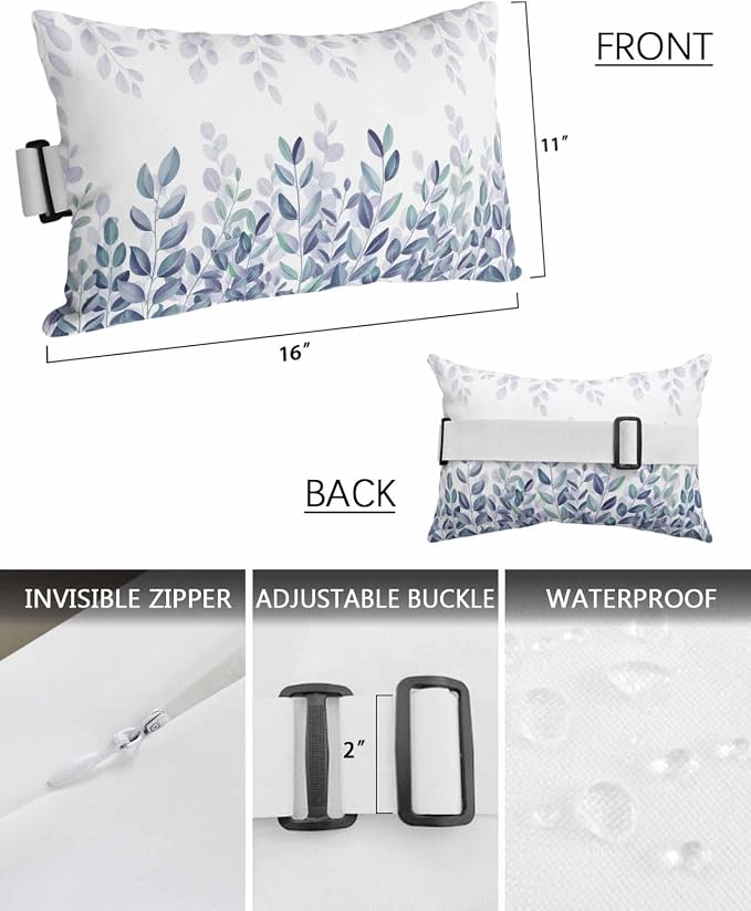 Outdoor Pillows Waterproof Covers Set of 2, Blue Eucalyptus Leaf Adjustable Elastic Chaise Lounge Headrest Pillow Covers, Spring Watercolor Leaves Lumbar Pillow for Pool Patio Furniture 11x16 Inch