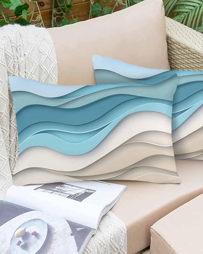 Pack of 2 Ombre Blue Brown Outdoor Pillow Waterproof Covers 20x12 inch, Abstract Wave Polyester Throw Pillow Covers Garden Cushion Decorative Case for Patio Couch Decoration