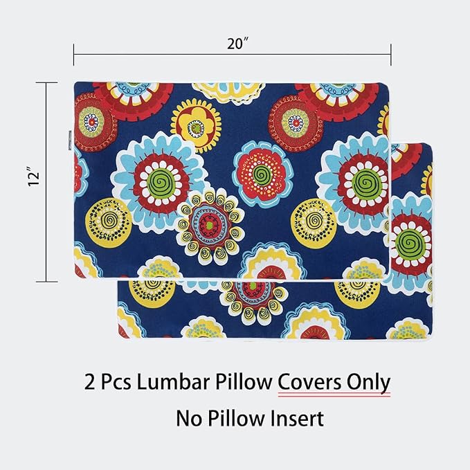 Magpie Fabrics Pack of 2 Outdoor Lumbar Pillow Case Covers 12"x20", Waterproof Rectangular Throw Pillowcase Shell Decorative Sham for Patio Garden Couch - Floral Navy