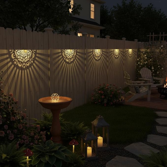 6 Pack Solar Fence Lights Outdoor Wall Lights Gold Plastic Solar Powered Deck Step Stair Lights Mandala Theme Waterproof Fence Solar Light for Garden Post Patio Backyard Yard Decor